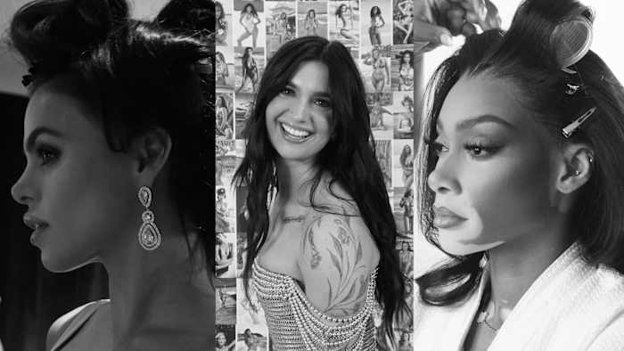 Brooks Nader, Brenna Huckaby and Winnie Harlow